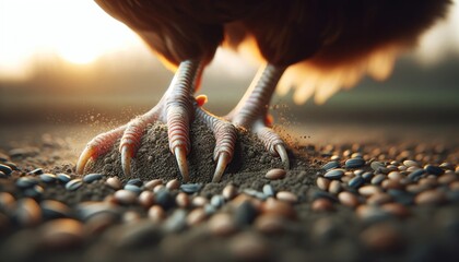 A minimalist, close-up shot focusing on a hen's claws as it scratches the earth, uncovering seeds. - obrazy, fototapety, plakaty