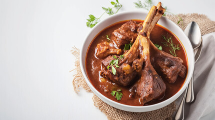 Lamb shank curry, a famous Indian main course, served elegantly on a white bowl