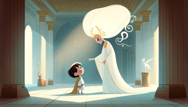 A whimsical, animated-style illustration showing a young Telemachus looking up in awe at Athena, who is disguised as Mentor.