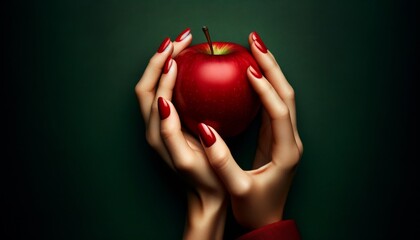 An image of hands with bold red nail polish holding a red apple, contrasting the red tones against a deep green backdrop.