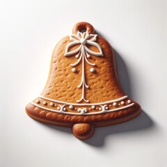 A photo-realistic image of a gingerbread cookie cut out in the form of a bell, with elegant icing accents, on a plain white background.