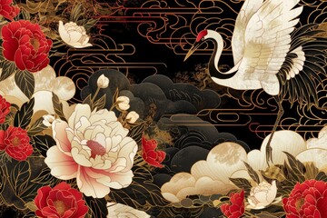 
Background in Japanese style. Floral background with a stork. Peonies and a stork drawn by hand in Japanese style. Chinese clouds in vintage style.