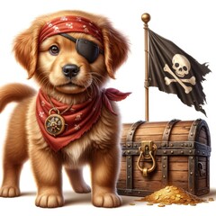 Create a photo-realistic image of a golden retriever puppy with a pirate bandana and an eye patch,...