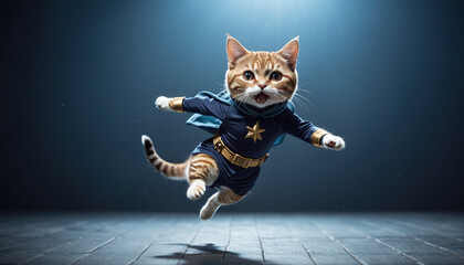 Hovering and flying cute kitten with special superpowers in superhero costume and superhero pose - obrazy, fototapety, plakaty