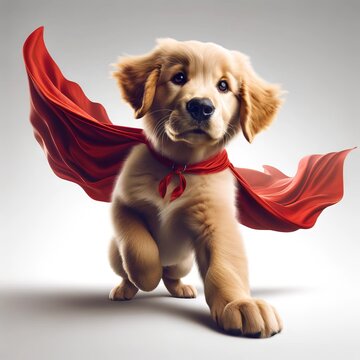 Create a photo-realistic image of a golden retriever puppy wearing a red superhero cape.