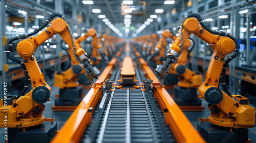 Poster automated robotic assembly line. precision and efficiency in modern manufacturing