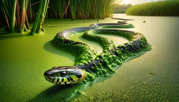 A close-up image of a water snake slithering into algae-covered waters, creating a trail in the green surface.