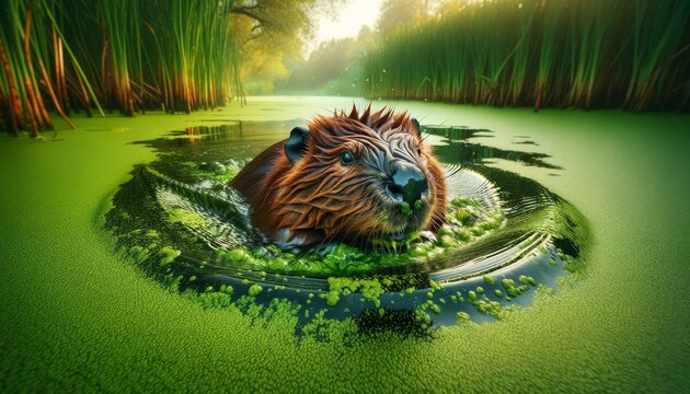 A close-up image of a beaver entering the water, leaving ripples in a green, algae-rich pond.