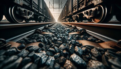 A close-up perspective from between two railway tracks, focusing on the gravel, wooden sleepers, and the detailed textures of the ground. - obrazy, fototapety, plakaty