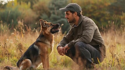 Happy dog owner squatting next to german shepherd while having a walk in forest - obrazy, fototapety, plakaty