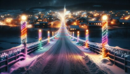 Fototapeta na wymiar A medium shot of a snowy bridge leading into a town, with colorful light pillars created by the town's lights, providing a magical entrance to the urb.