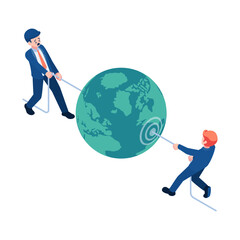 Isometric Two Businessmen competing to Pulling Planet Earth