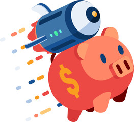 Isometric Piggy Bank with Rocket Flying Up