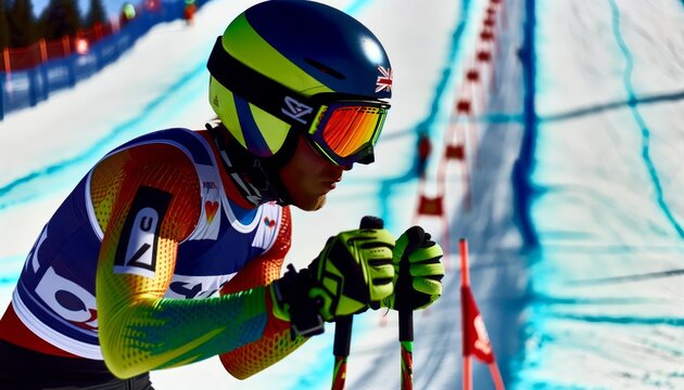 A close-up image of a skier dressed in a vibrant racing suit, wearing ski goggles, and looking intensely focused.