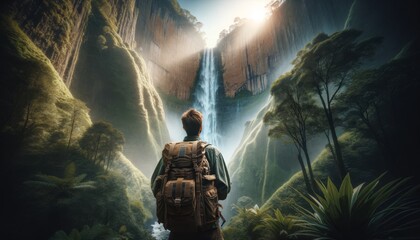 A hiker in sturdy outdoor attire looking up in awe at a towering waterfall, set against a sheer cliff face.