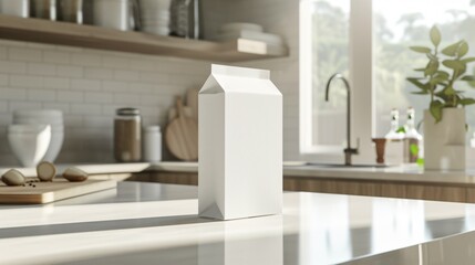 A carton of milk sits on a kitchen counter. The milk carton is unlabeled, and the kitchen is clean and tidy.