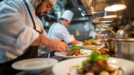 Obraz na płótnie Canvas A chef carefully plating a dish in a busy restaurant kitchen.