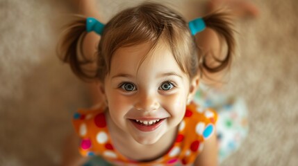 Little girl with blue eyes smiling. She has her hair tied up in two ponytails and is wearing a colorful dress.