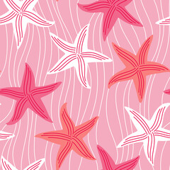 Vector seamless summer pattern with starfish on pink background - 765633840