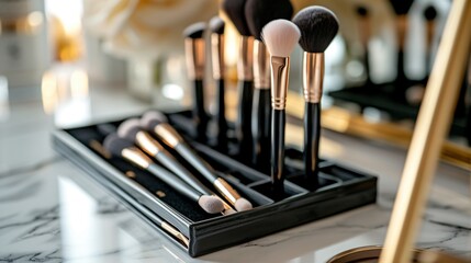 Set of professional makeup brushes in black and gold colors.