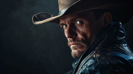 A rugged cowboy with a piercing gaze stares into the distance, his weathered face and worn hat telling tales of a life spent on the open range.