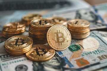 Bitcoin Coin With Laptop And Us Dollars. Golden Coins On A Dollar Banknotes