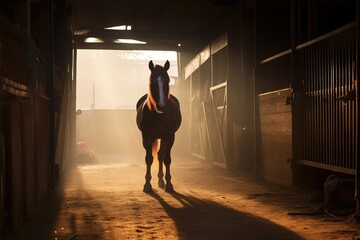 A horse with a thick brown mane stands in the stable doorway - obrazy, fototapety, plakaty