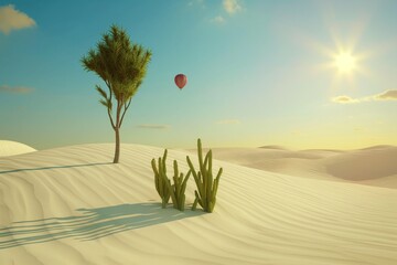 desert with balloon in the air, sand dunes and desert plants and cactus, dragon tree