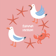 Vector summer card with seagulls, crab and starfish - 765634095