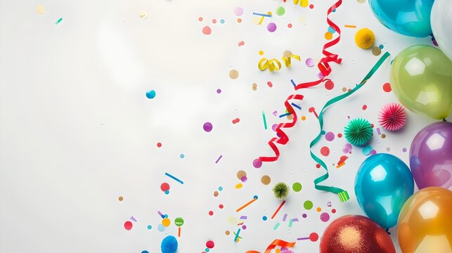 Colorful celebration concept with balloons and confetti. Festive background for parties and events. Bright and cheerful image to convey joy. Vibrant decoration style. AI