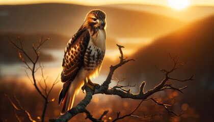 A serene image of a red-tailed hawk perched on a bare branch during the golden hour, with warm sunlight highlighting its features.
