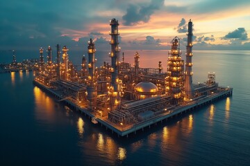 Fototapeta premium oil and gas power plant refinery with storage tanks facility for oil production, Gas turbine electrical power plant