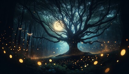 Naklejka premium A serene and mystical scene of fireflies swirling around an old, mystical tree in a dark forest.