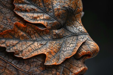 An autumn leaf rests on a weathered stone statue