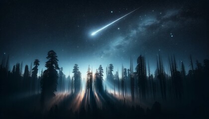 A breathtaking scene capturing a single, bright shooting star streaking across a clear, dark sky over an ancient, silhouetted forest. - obrazy, fototapety, plakaty