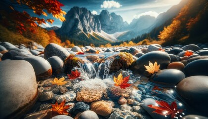A clear, sparkling stream flowing over smooth stones, with colorful autumn leaves scattered around and a mountain landscape in the backdrop. - Powered by Adobe