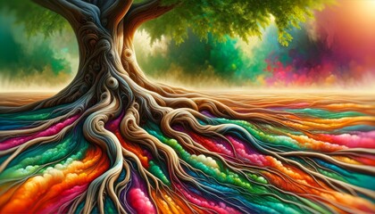 An image featuring a close-up of the tree's roots spreading out on a colorful, abstract ground.
