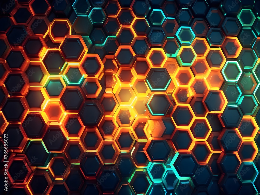 Poster abstract background with a hexagon pattern and glowing lights.