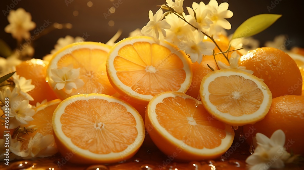 Poster ibrant citrus symphony: sliced oranges on a richly textured backdrop, infusing zest and color into t