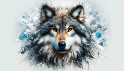 Create a detailed and vivid image of a wolf, with a focus on its piercing eyes, set against a snowy backdrop with abstract splashes of white and blue,.