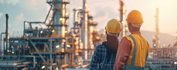 Two industrial workers in safety gear overlook a modern factory with connectivity and technology concepts