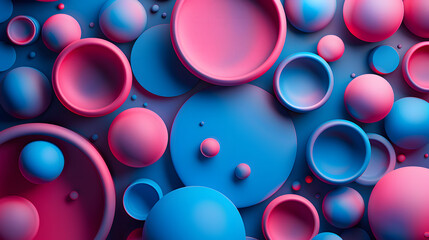 Colorful pink and blue balls float on blue liquid surface - obrazy, fototapety, plakaty