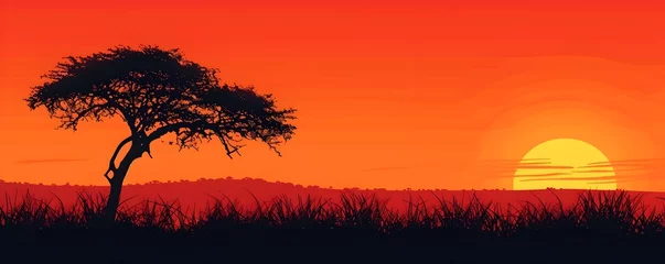 Foto op Plexiglas Dramatic Acacia Silhouette Against an Alluring African Sunset Landscape with Vibrant Skies and Tranquil Savanna Scenery © Thares2020