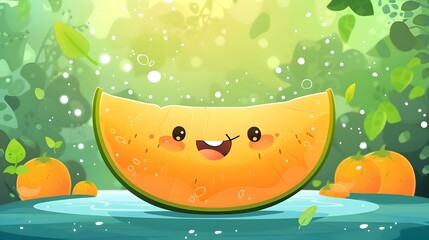 Cute Cartoon Cantaloupe in Challenge,Quenching Thirst for Improved Health and Wellness,Vibrant Digital