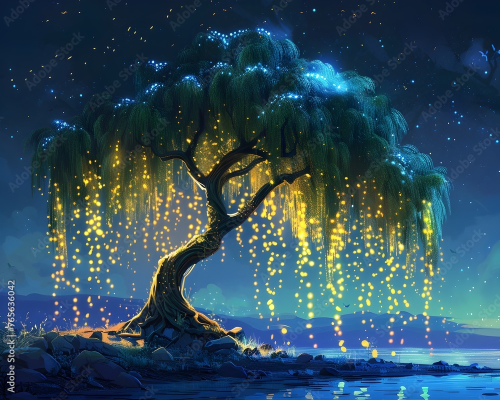 Canvas Prints Ethereal Willow Tree Illuminated by Glowing Fairy Lights in Enchanted Lakeside Landscape