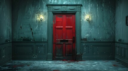 Haunting Crimson Threshold:A Metaphoric of Entrapment and Despondency within a Decrepit Mansion's Enigmatic Interiors - obrazy, fototapety, plakaty