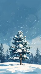 Solitary Pine Tree Standing Tall in a Snowy Winter Landscape with Sparkling Snowfall Against a Tranquil Blue Sky