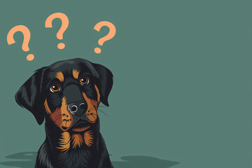 Confused black and tan dog with question marks overhead - obrazy, fototapety, plakaty
