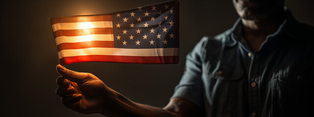 Man Holding Small American Flag in Dramatic Lighting - obrazy, fototapety, plakaty