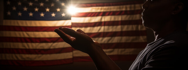 Silhouette of Person Saluting American Flag - obrazy, fototapety, plakaty